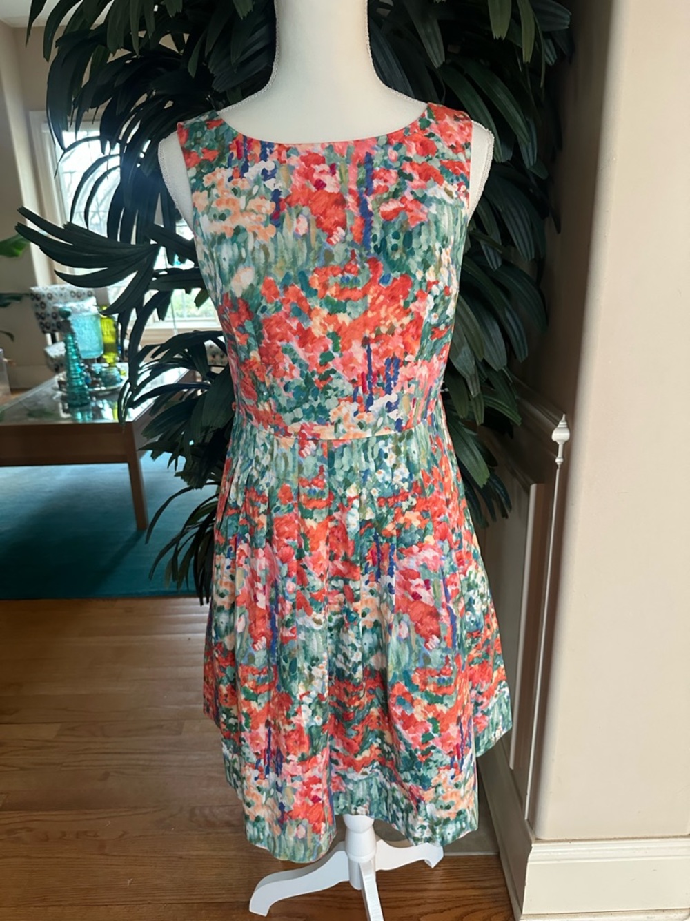 🧡💙Talbots Coral Multicolor Floral Sleeveless Fit-and-Flare Dress Size 4P💙🧡